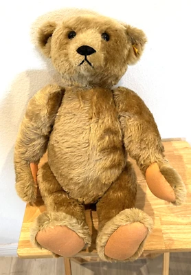 复古 HTF STEIFF 404894 TEDDY BEAR 22 英寸棕色毛皮草带衣服 — 第 1/4 张图片