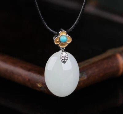 C10 Anhänger ovale weiße Jade Blatt und Türkis Sterling Silber 925  - Bild 1 von 4