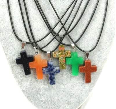 Anhänger Kreuz Edelstein Rosenquarz Bergkristall Jade Heilsteine Halskette Neu - Bild 1 von 3