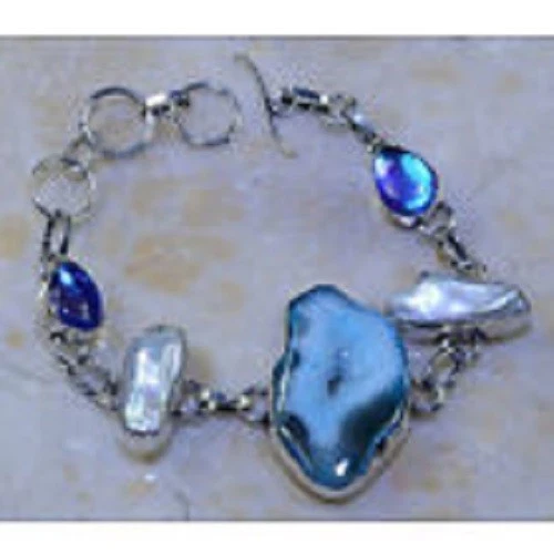 HERMOSO NUEVO RARO AZUL DRUZY DRUZSY ARCO IRIS TOPACIO PERLA PLATA 925 7-8.5" Foto 1 de 1