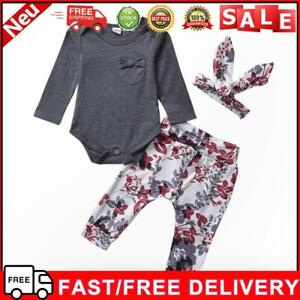3pcs Baby Girls Clothes Set Solid Color Long Break + Floral Pants + Headdress