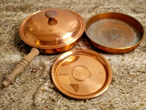 Vintage Wood Handle Copper Pan w/ Lid, Insert Pan & Copper Plate Made in ITALY - Picture 1 of 12