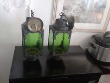 Pair Of Vintage Swag Lamps Green Stained-Glass Lanterns Needs rewiring-see info.