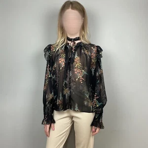 AllSaints Women’s Black Floral Overprinted Sheer Blouse – Size 0US / 4UK / 32EU - Picture 1 of 11
