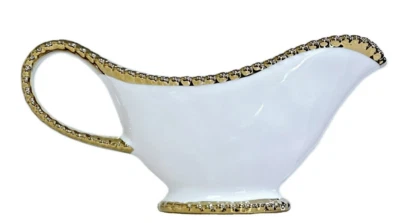 Serving Creamer, Syrup, Gravy, White Bone China w/Gold Beaded Handle, Base & Rim - Image 1 of 3