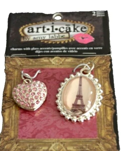 art-i-cake Amy Labbe EIFFEL TOWER PARIS HEART PINK RHINESTONE 2 Charms/Pendants - Picture 1 of 2