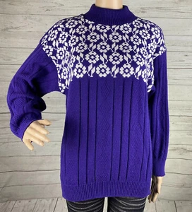 True Vintage Sweater Large Purple White Floral Pattern American Pride USA Made - Picture 1 of 12
