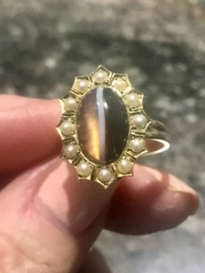 18k/14k SUNFLOWER VICTORIAN RING SEED PEARL AND BANDED AGATE ANTIQUE VINTAGE - Picture 1 of 4