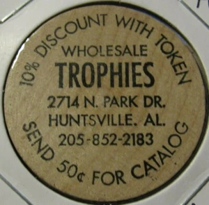 Vintage Wholesale Trophies Huntsville, AL Wooden Nickel - Token Alabama #2 - Picture 1 of 2