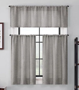 36" Brookstone Small window set 3 pc Rod Pocket Valance Gray Saville Curtain - Picture 1 of 5