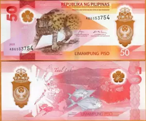 Philippines Billet 50 PISO 2025 NOUVEA NEW POLYMER CHAT POISSON NEUF UNC - Foto 1 di 1