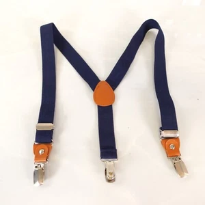 Boy Navy Blue Y Back Classic Suspenders Solid Clip Leather Patch Adjustable - Picture 1 of 7