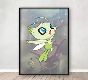 Póster de arte de pared dormitorio infantil Celebi Pokemon estampado enmarcado A4 - Imagen 1 de 5