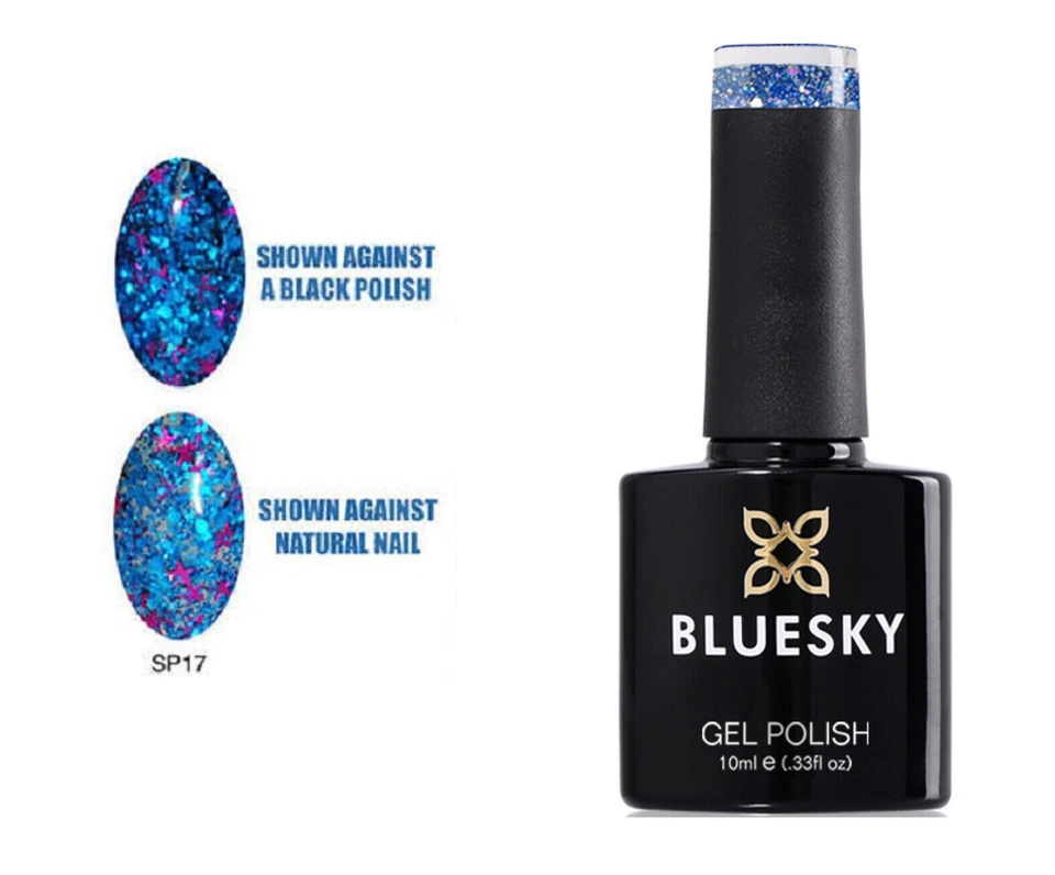 BLUESKY GEL NAIL POLISH BLUE GLITTER WITHE MULTI COLORS SP17 LED UV SOAK OFF