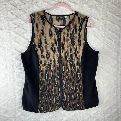 Bob Mackie Wearable Art Women Vest Size L Jaguar Print Fleece Full Zip Black - Image 1 of 4