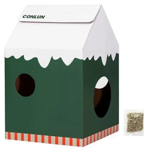 Cardboard Cat House with Scratch Pad & Catnip Cat Play Scratching House for I... - Picture 1 of 9