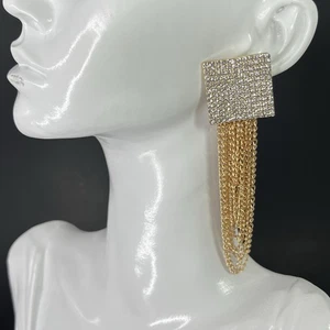 Clear Rhinestone Chandelier Earrings Pierced Gold Tone Chain Draped Square - Picture 1 of 8