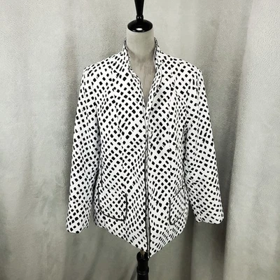 Chaqueta Mujer 16W Negra Blanca Forma Diamante Lunares Frente Abierto Artística Foto 1 de 4