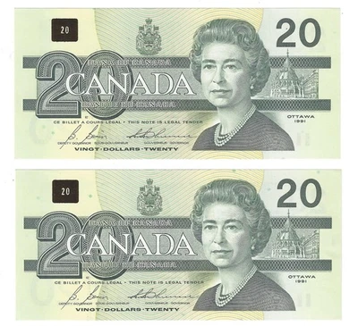 Billete de 20 dólares secuenciales de Canadá 1991 Bonin-Thiessen, ASL, BC-58b-i UNC Foto 1 de 2