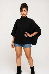 Anne Klein XL Stylist Wool Blend Womens Black Zip-Up Poncho With High Neck - Picture 1 of 10