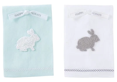 Juego de 2 toallas de mano Mud Pie Happy Always azul y blanco conejo nudo francés para invitados Foto 1 de 3