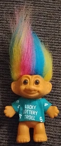 Vintage Russ 3" Troll Doll Rainbow Hair Lucky Lottery Outfit 1990s Retro Toy - Picture 1 of 3