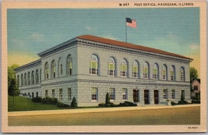 1935 WAUKEGAN, Illinois Postcard "Post Office" Street View / Curteich Linen - Picture 1 of 2
