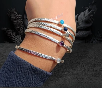 Moonstone Amethyst Multiple Stone Bangle, 925 Sterling Silver Handmade Bracelet - Image 1 of 4