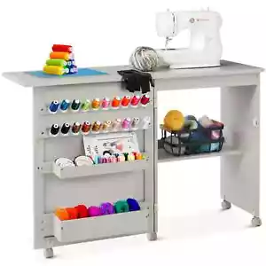Sewing Machine Table Cart Cabinet Expandable Folding Craft Storage Shelves Gray - Picture 1 of 7