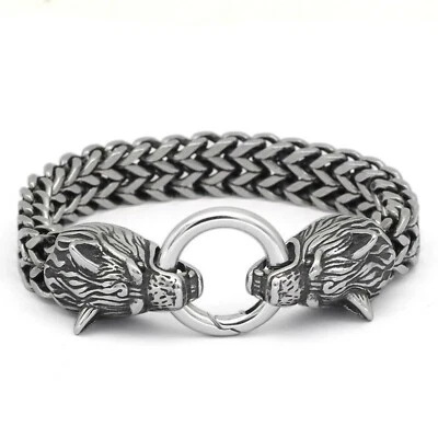 Pulsera Viking Geri Freki Wolf Para Hombre Plateada Acero Inoxidable Lobos Nórdicos Motociclista Foto 1 de 4