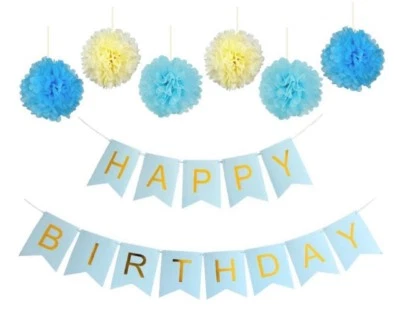 Happy Birthday Banner - Chic Garland - Blue with Gold Foil Lettering & Pom Poms - Image 1 of 4