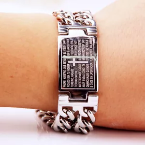 Charming Heavy Men 316L Stainless Steel Silver Bible Cross Cowboy Chain Bracelet - Picture 1 of 4