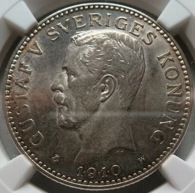 SWEDEN Kingdom 2 kronor 1910 W NGC UNC Details Close to Date King Gustaf Silver - Image 1 of 3