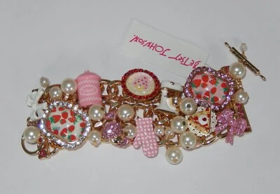 Authentic Betsey Johnson Babycakes Baker Dessert Crystal Charm Pearl Bracelet - Image 1 of 4