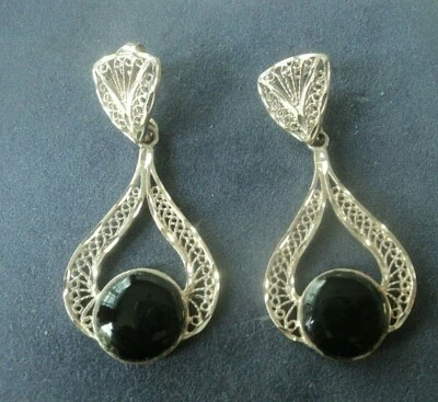 Grande Argento Sterling E Onice Goccia/Orecchini Pendenti C.1990s - con Foro - Immagine 1 di 4