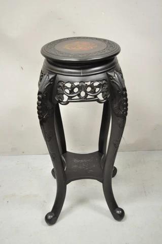 Japanese Carved Wood Black Ebonized 28" Plant Stand Side Table Lacquer Top Cover