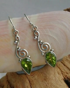 💚Gorgeous Sterling Silver 3CT Peridot Organic Swirl Dangle Earrings 925 Pear - Picture 1 of 5