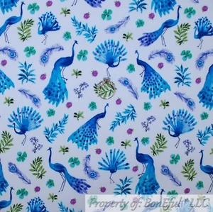 BonEful Fabric FQ Cotton Quilt White Blue Peacock Aqua Bird Feather Flower Grass - Picture 1 of 12
