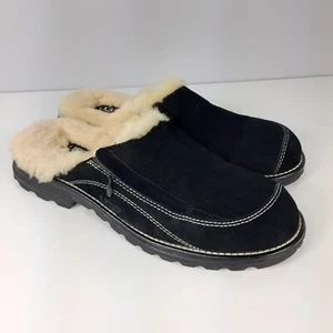UGG Sz 8 Hampton Shearling Black Suede Slip On Mules Side Zip Sheepskin Clogs - Picture 1 of 16