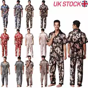 UK Mens Pyjamas Set Short Sleeve Stain Silk Nightwear Loungewear Pjs Lounge Wear - Picture 1 of 26