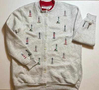Cardigã moletom bordado vintage Bon Worth farol náutico tamanho M - Imagem 1 de 4