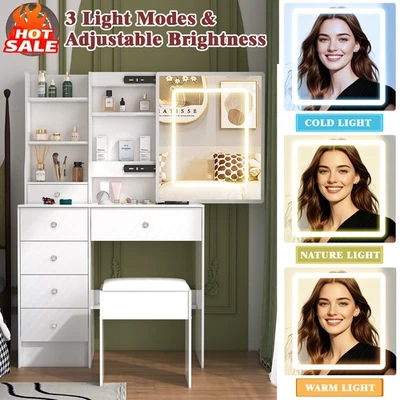 Makeup Vanity Desk w/ Sliding Mirror and LED Lights in 3 Colors+6Drawers & Stool - Image 1 of 4