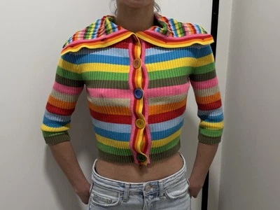 Miss Sixty Vintage 90`s Knit Cropped Sweater Button-up Multicolor Rainbow - Image 1 of 4