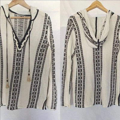 Tory Burch Rai Hooded Tunic Top White Blue Stripe Cotton Linen Pointelle est S - Image 1 of 4