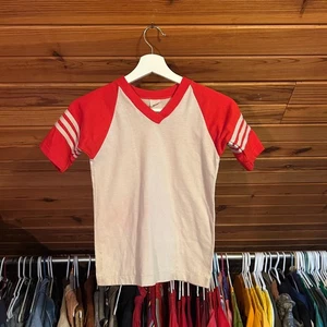 VINTAGE Kids Red White Ringer T-Shirt V-Neck Single Stitch 3 Stripe - Picture 1 of 6