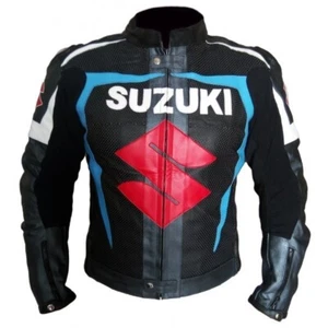 Men_s Blue Black Perforated Suzuki Racing Motorbike Speed Hump Leather Jacket - Picture 1 of 6