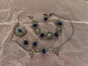 Antique Filigree Lapis Lazuli and Silver 6 piece Jewellery Set - Picture 1 of 2
