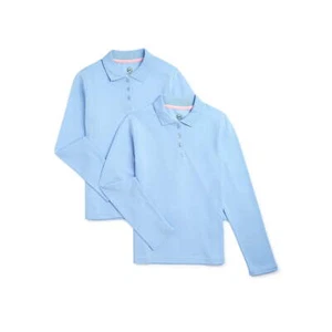 Wonder Nation Interlock Polo Shirt Girls Size L Light Blue Long Sleeve, 2 Pack - Picture 1 of 3