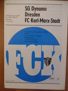 FC Karl-Marx-Stadt - Dynamo Dresden 20.9. 1980 Oberliga Fußballprogramm 77 - Picture 1 of 1