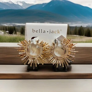 BELLA JACK CUBIC ZIRCONIA CRYSTALS GOLD PLATED MOON LEVERBACK HOOP EARRINGS NEW - Picture 1 of 6